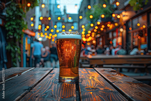 Wide angle shot of beer glass on wooden table, Bookhe lights. Created with Ai