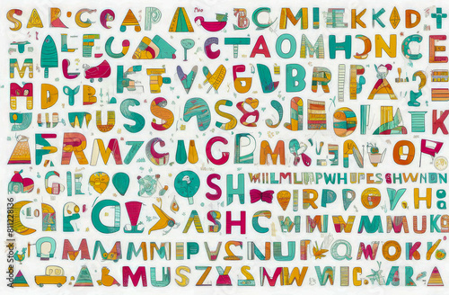 a pattern with an alphabet for children, inscriptions and children's figures on a white background