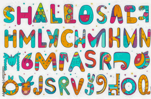 a pattern with an alphabet for children, inscriptions and children's figures on a white background