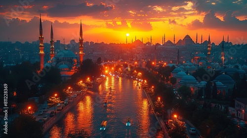 Sunset Over Istanbul  An Iconic Skyline with Mosques and Reflective River