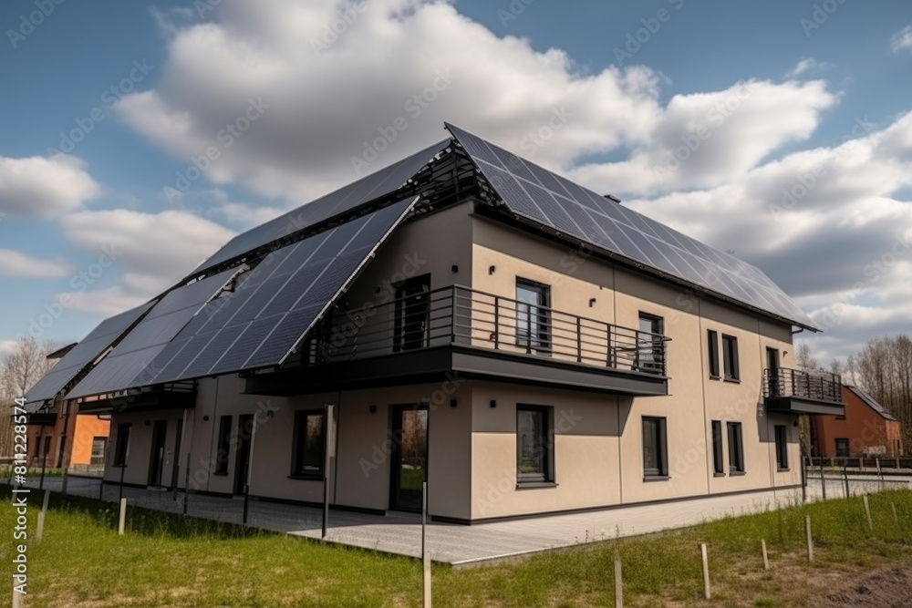 A house with solar panels installed on the roof, harnessing renewable energy from the sun to power the home A house with solar panels installed on the roof, harnessing renewable energy from the sun to power the home
