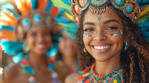 Joyful Brazilian Carnival Dancers in Vibrant Samba Costumes Celebrate with Smiles