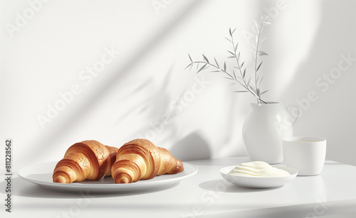 Breakfast table setting with two perfectly baked croissants on a sleek plate.