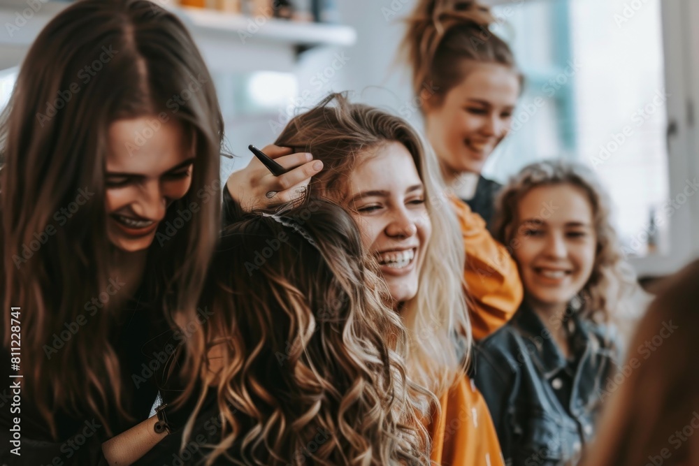 Women laughing and talking while standing in a group, A group of friends laughing and talking while getting their hair styled together Women laughing and talking while standing in a group, A group of friends laughing and talking while getting their hair styled together