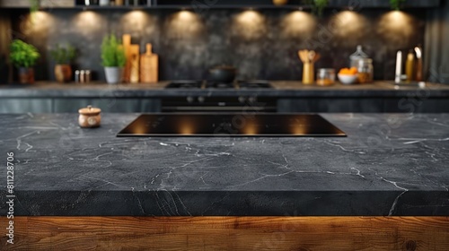 A kitchen counter with a stove top and some pots on it, AI