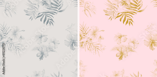 Tropical Palm leaves, seamless background pattern. Vintage Palm leaves tropical fabric design. Retro Monotone Tone in Tone Tropical palm trees and flowers silhouettes