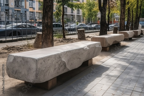 A row of benches lined up in a straight line on a sidewalk, creating a seating area for pedestrians