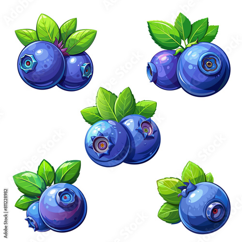 Set of fresh blueberry berry with leaves cartoon style on white background