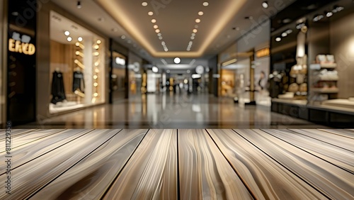 Blurred space mall shopping background with empty wooden display counter. Concept Retail Space, Blurred Background, Empty Wooden Counter, Mall Shopping, Display Counter