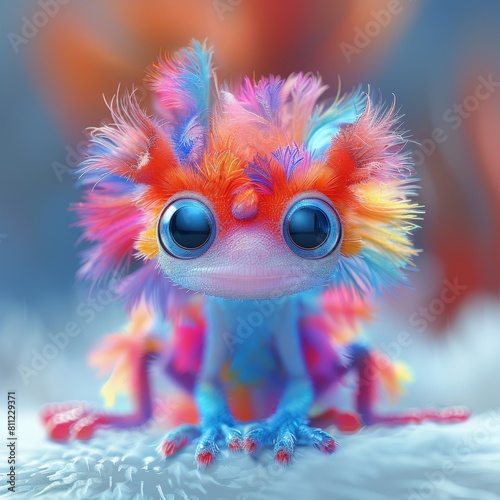 A cute furry fantasy creature with big eyes sits on a soft white surface against a gradient background. The rainbow-colored fur and blue eyes make it a unique addition to any project