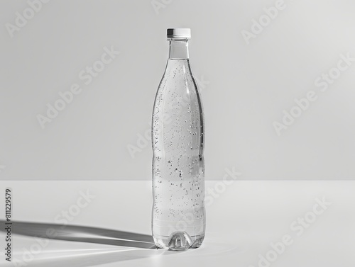 A clear bottle of water on a white surface.