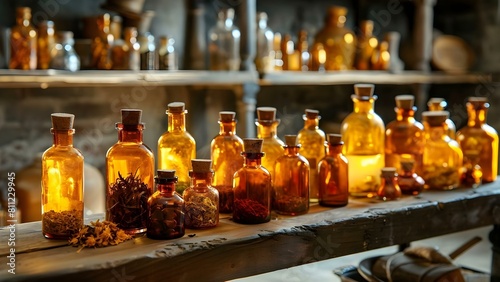 Exploring the Vintage Charm of a Victorian Apothecary with Glass Bottles and Herbal Remedies. Concept Victorian Apothecary, Glass Bottles, Herbal Remedies, Vintage Charm, Exploring photo