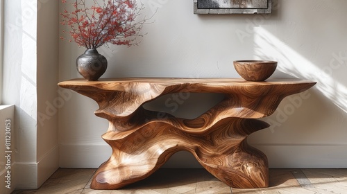 A large wooden console table with an organic shape, inspired in the style of cloudcore designer Seb 