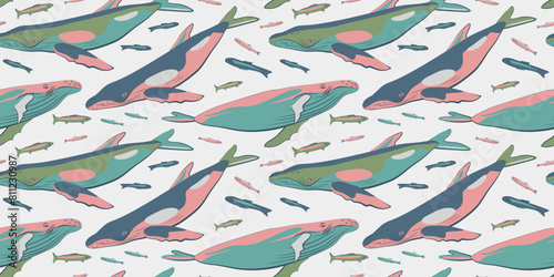 Pattern of marine life with Whales and fish. Textures. Blue, pink, gray, white background. For textile, wrapping, feshion, invintation