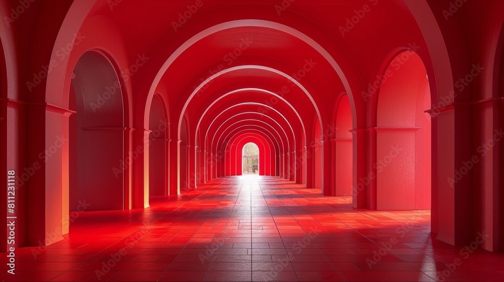 Obraz premium A long hallway with red walls and a light shining through, AI