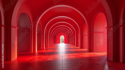 A long hallway with red walls and a light shining through  AI