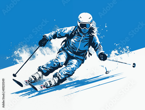 skier in blue and white outfit skiing down a snowy slope
