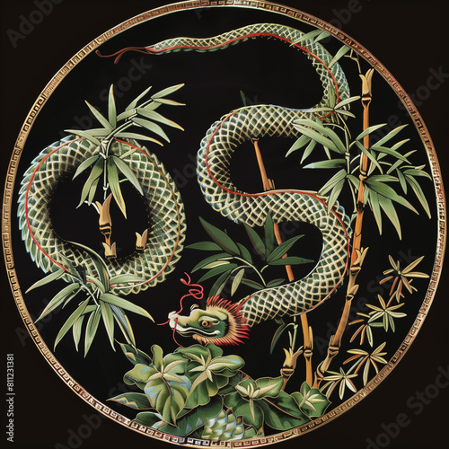 arafed snake and bamboos in a circular painting on a black background photo