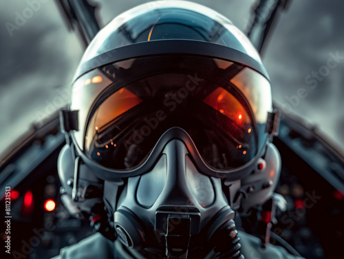 arafed pilot in a jet fighter helmet and goggles photo