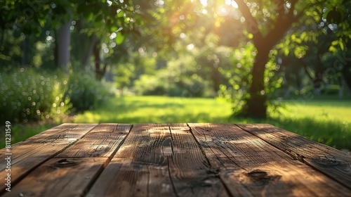 Experience the beauty of the outdoors with a wood table nestled amidst a blur green tree garden