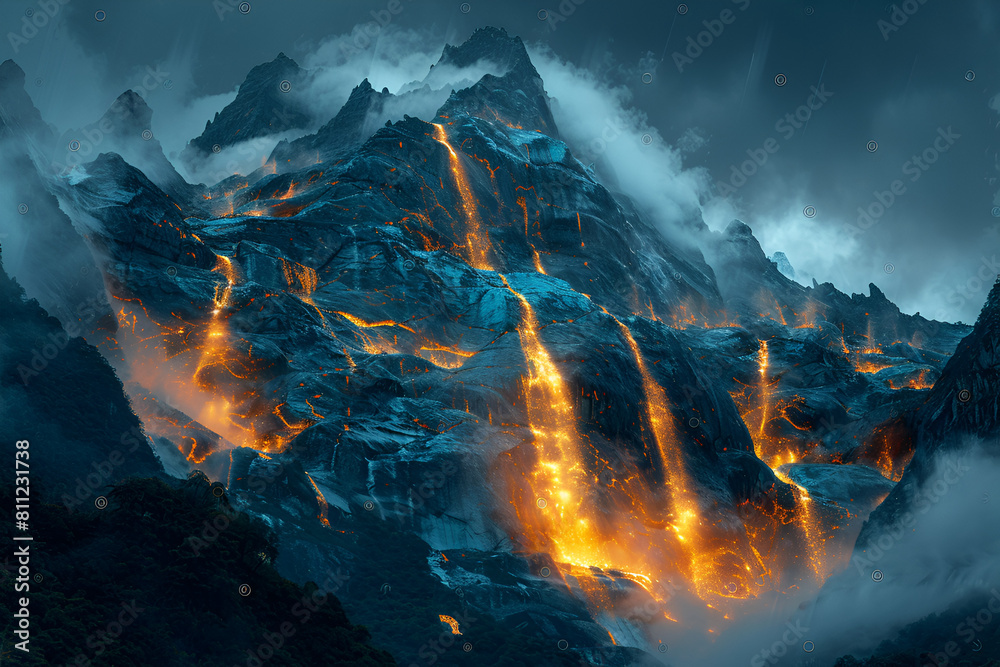 Black Mountain Glow Blue Rock, Golden Waterfall,
Path to success illuminated by glowing road on mountain peak summit Concept Motivation Success Mountain Peak Glowing Road Achievement
