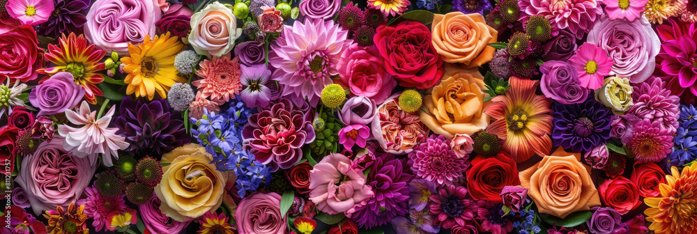 Various colorful flowers are hanging on a wall, adding a vibrant touch to the space Various colorful flowers are hanging on a wall, adding a vibrant touch to the space