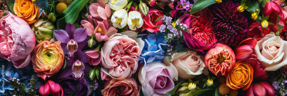 Various colorful flowers arranged in a cluster on a wall