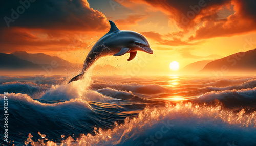 A dolphin leaping gracefully out of the ocean at sunset. The scene captures the dolphin in mid-air