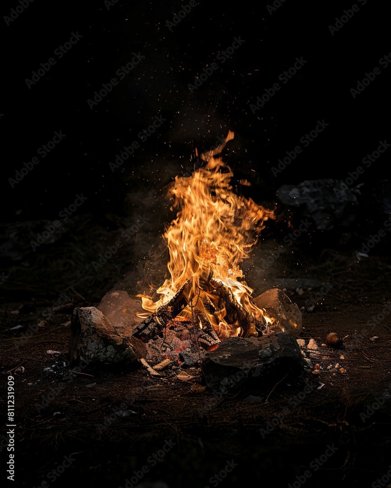 Naklejka premium A fire burning in the dark with rocks and a black background.