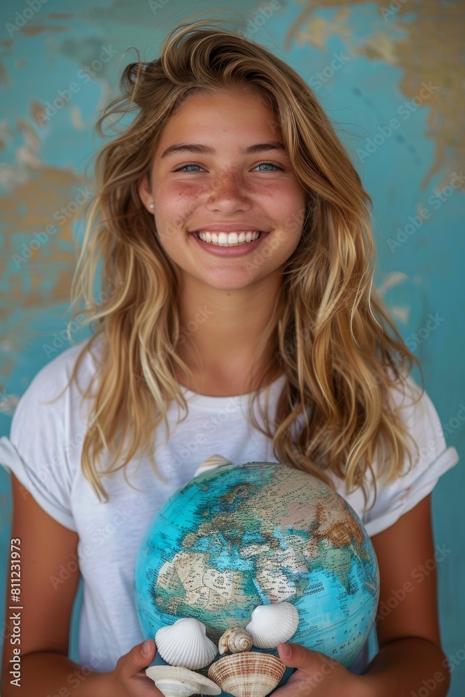 Portrait of a young smiling Caucasian teenage girl holding Earth globe and sea shells on world's map background. Earth Day, ecology, clear water, protecting planet from contamination. Portrait of a young smiling Caucasian teenage girl holding Earth globe and sea shells on world's map background. Earth Day, ecology, clear water, protecting planet from contamination.