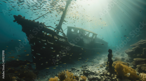 A diver investigates an old shipwreck surrounded by marine life on the ocean floor