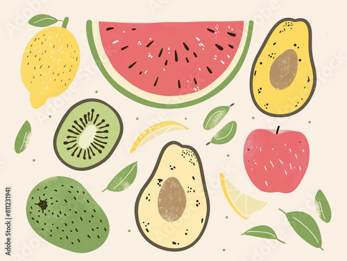 Illustration of a fruit collection with watermelon, lemon, apple, kiwi, and avocado - ideal for design projects or marketing materials.