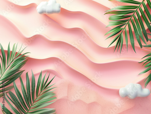 Tropical Vacation Themed Pink Wave Background with Palm Leaf and Cloud on Sandy Beach