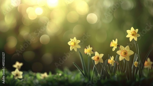 Lovely daffodils blooming against a blurred summer backdrop