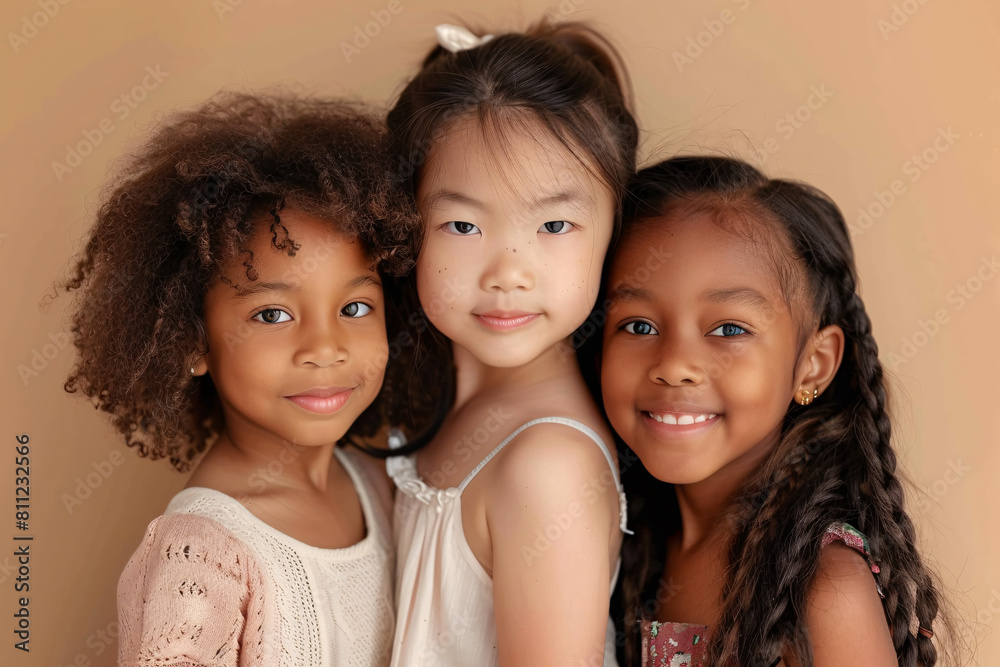 diversity and friendship concept, cute little girls over beige background diversity and friendship concept, cute little girls over beige background