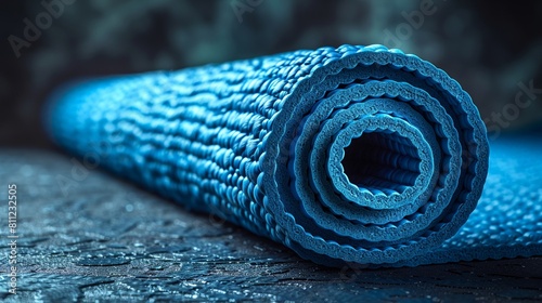 Vibrant turquoise yoga mat rolled up on a black background suitable for wellness or fitness product ads photo