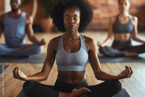 Young African American Woman in Thunderbolt Pose Meditating with Peace and Calm in Yoga Studio
