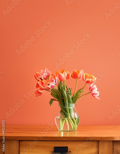 Subtle Sophistication: Tulips and Glass Vase on Wooden Table