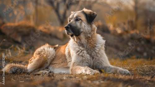 Young Anatolian Shepherd Dog lying on Beige and Brown Fur Rug  an Ideal Watchdog and Loyal Shepherd