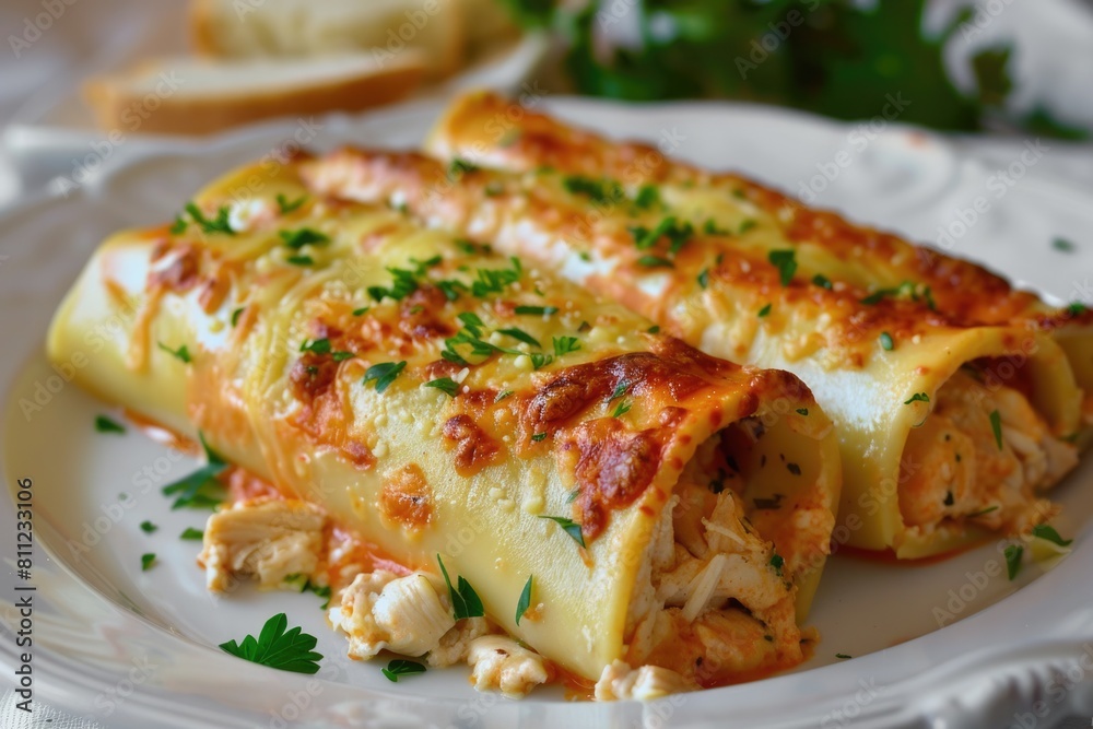 Two Fresh Stuffed Manicotti on a Plate with Bread. Ready to Cook Chicken and Cheese Two Fresh Stuffed Manicotti on a Plate with Bread. Ready to Cook Chicken and Cheese