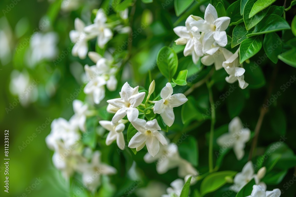 Trachelospermum Jasminoides Liana with Fragrant White Flowers Blooming in Closeup Trachelospermum Jasminoides Liana with Fragrant White Flowers Blooming in Closeup