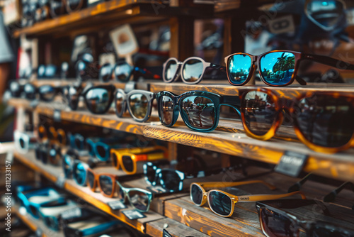 summer concept, close up of sunglasses on wooden shelves in the shop