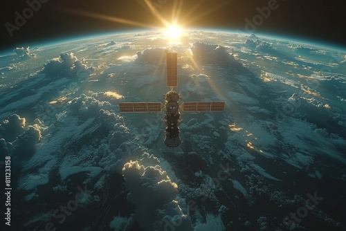 Stunning image capturing a satellite in orbit with radiant sunbeams peering through the clouds over Earth photo