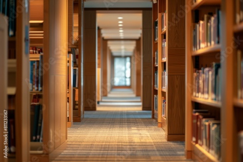  Symmetrical library shelves, warm lighting, and detailed wooden bookcases.