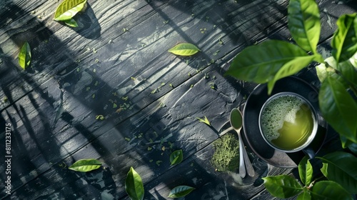 Green tea leaves and cup of tea on a wooden table. photo