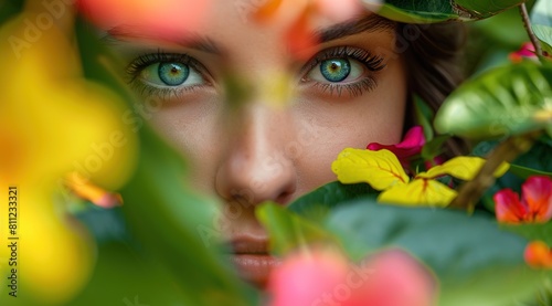 Close-up portrait of woman s face framed by colorful flowers and green leaves.