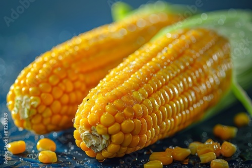 Close-up image of two glistening fresh corn cobs with water droplets highlighting their natural, organic quality