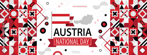 Austria national day banner with map, flag colors theme background and geometric abstract retro modern white red design. Vienna Austrian theme. Vector Illustration.