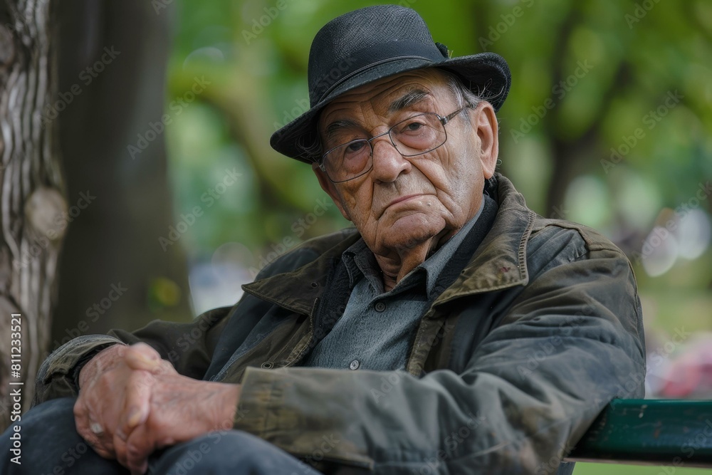 Elderly lonely man in hat sits on park bench, thoughtful expression, vibrant green background.