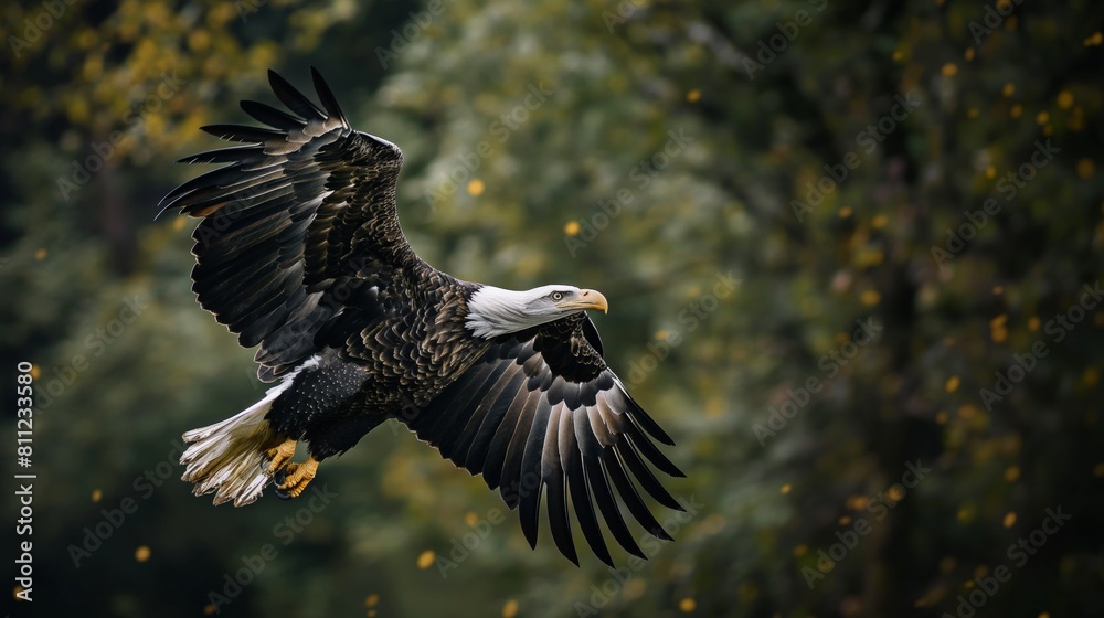 Naklejka premium A mighty bald eagle flying through the sky
